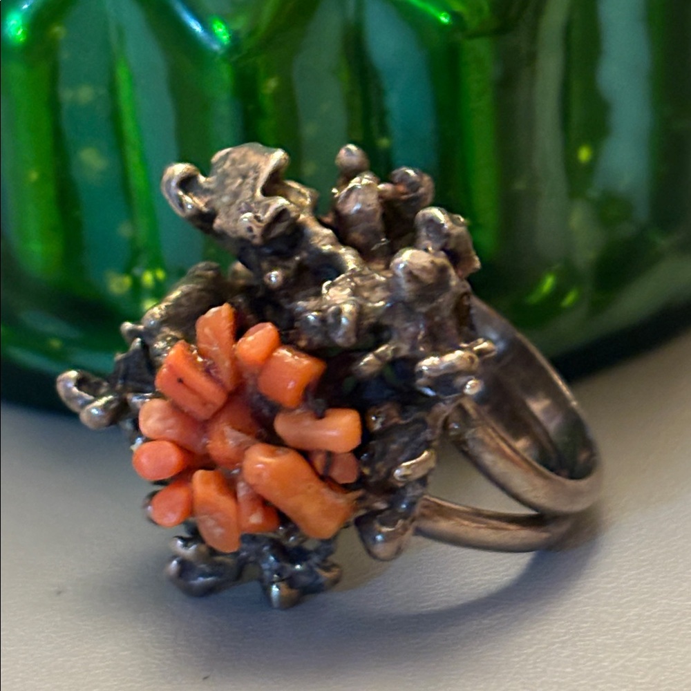 Amazing Artisan Brutalist Sterling Silver And Coral Ring